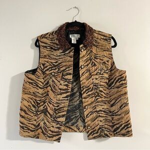 Vintage Coldwater Creek Denim Vest Tiger Print Size Medium Western Bohemian